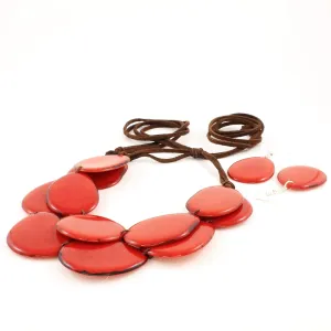 Red Tagua Necklace Set with Adjustable Leather Cord, Statement Bib Jewelry for Women