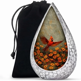 Red Cardinal Bird Ash Urns for Humans - Flowers Drop Memorial Cremation Urns for Adult Ashes Men and Women - Burial Urn for Dad Ashes - Large Urn with Velvet Bag, 10 Inch