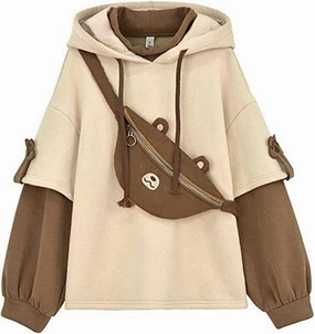 RKSTN Cute Bear Hoodie for Womens Long Sleeve Sweatshirts Patchwork Hooded Shirts with Cute Personality Bag Girls Hoodie Coat