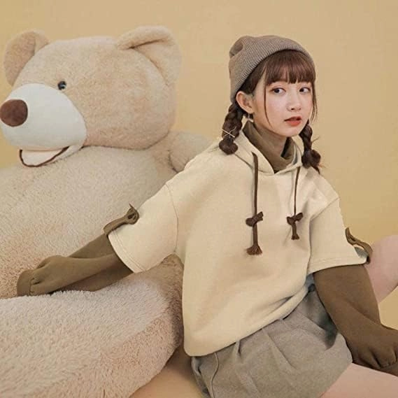 RKSTN Cute Bear Hoodie for Womens Long Sleeve Sweatshirts Patchwork Hooded Shirts with Cute Personality Bag Girls Hoodie Coat