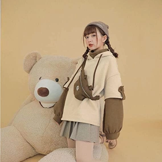 RKSTN Cute Bear Hoodie for Womens Long Sleeve Sweatshirts Patchwork Hooded Shirts with Cute Personality Bag Girls Hoodie Coat