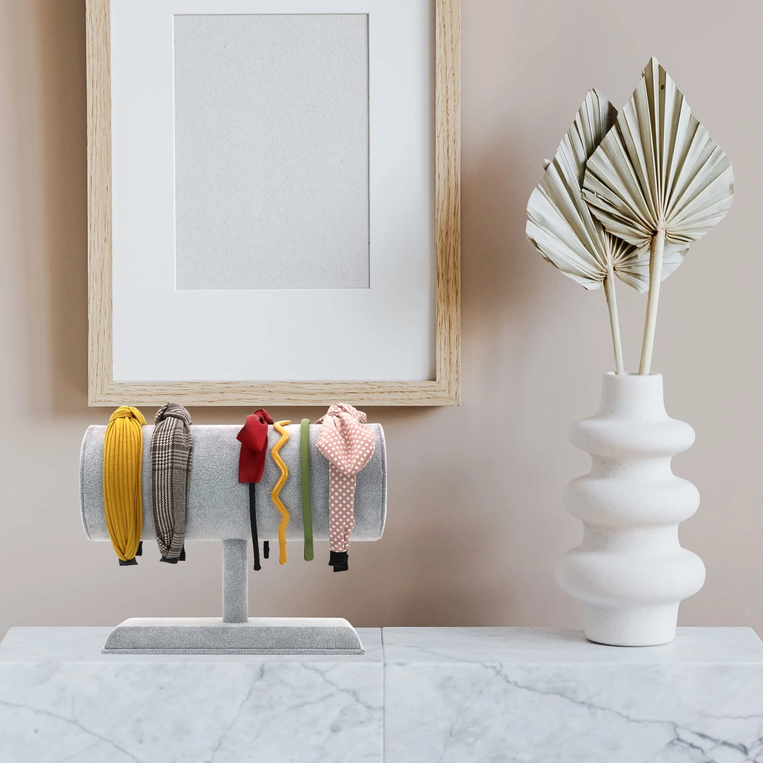 Romantic Pink Ice Velvet Headbands Display cylinder Design Headbands Holder Rack For Counter Shop (Silver gray)