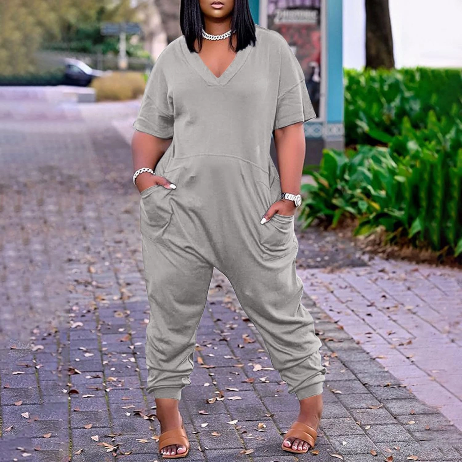 Romper, Women's Loose Solid Off Shoulder Elastic Waist Stretchy Long Romper Jumpsuit