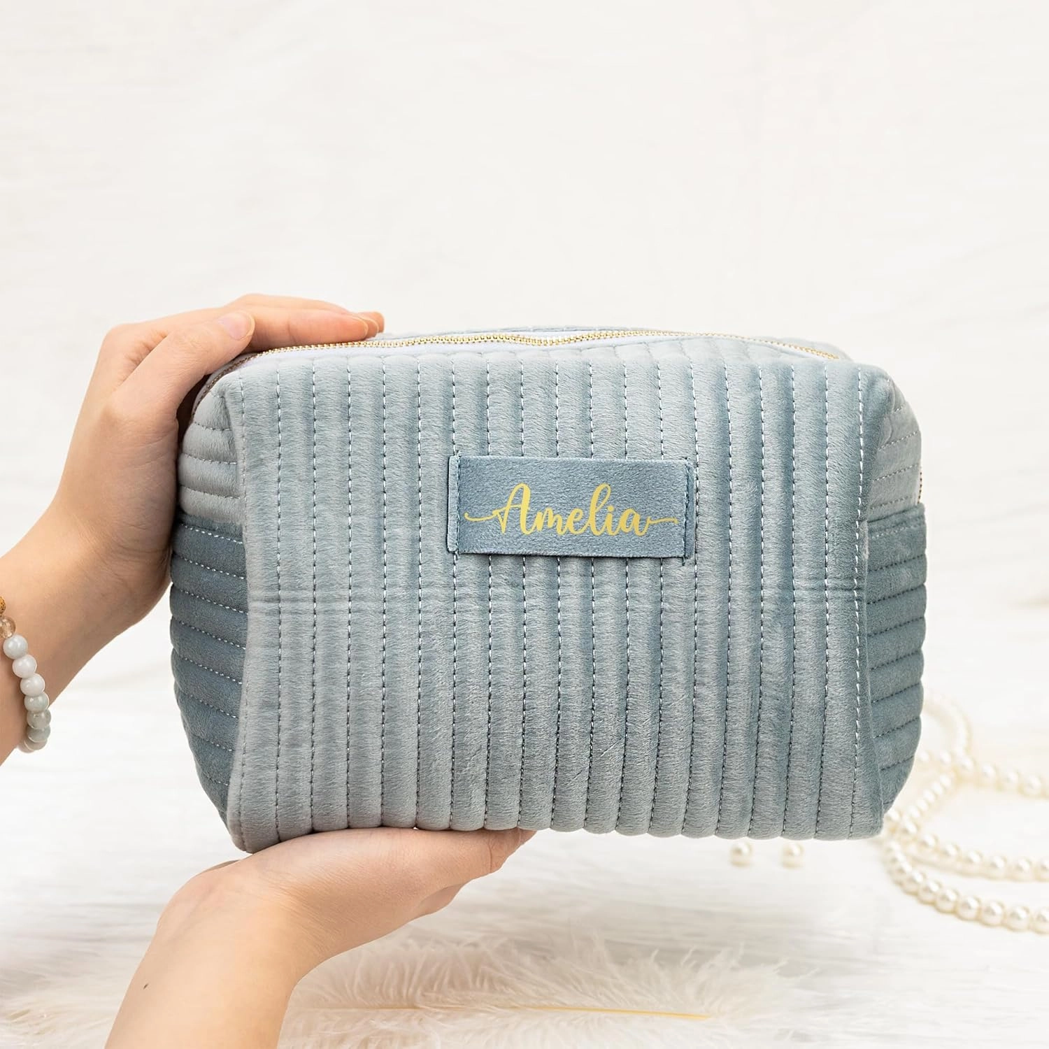 Rosehut Personalized Velvet Makeup Bag - Custom Cosmetic Pouch for Bridesmaids Gifts and Special Gifts for Her (Green, S)