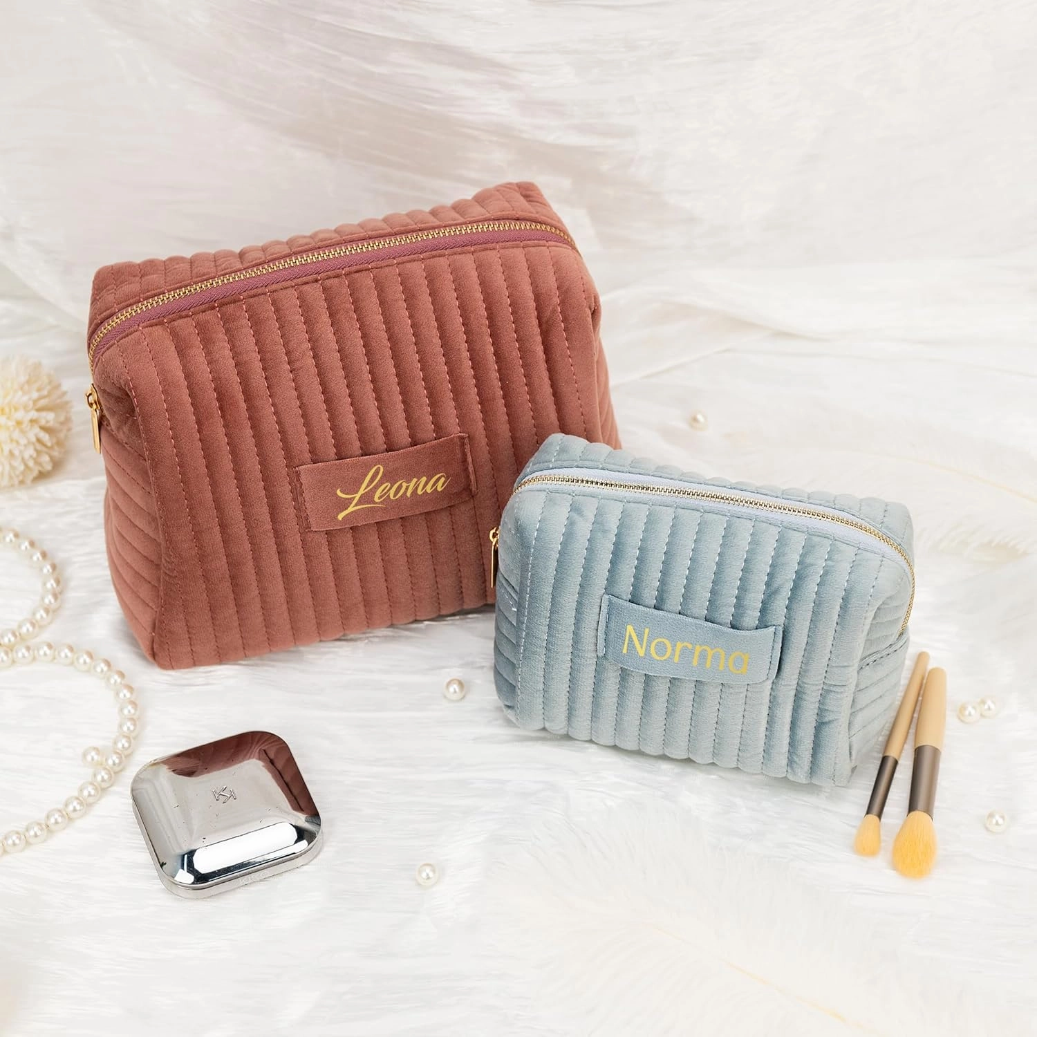 Rosehut Personalized Velvet Makeup Bag - Custom Cosmetic Pouch for Bridesmaids Gifts and Special Gifts for Her (Green, S)
