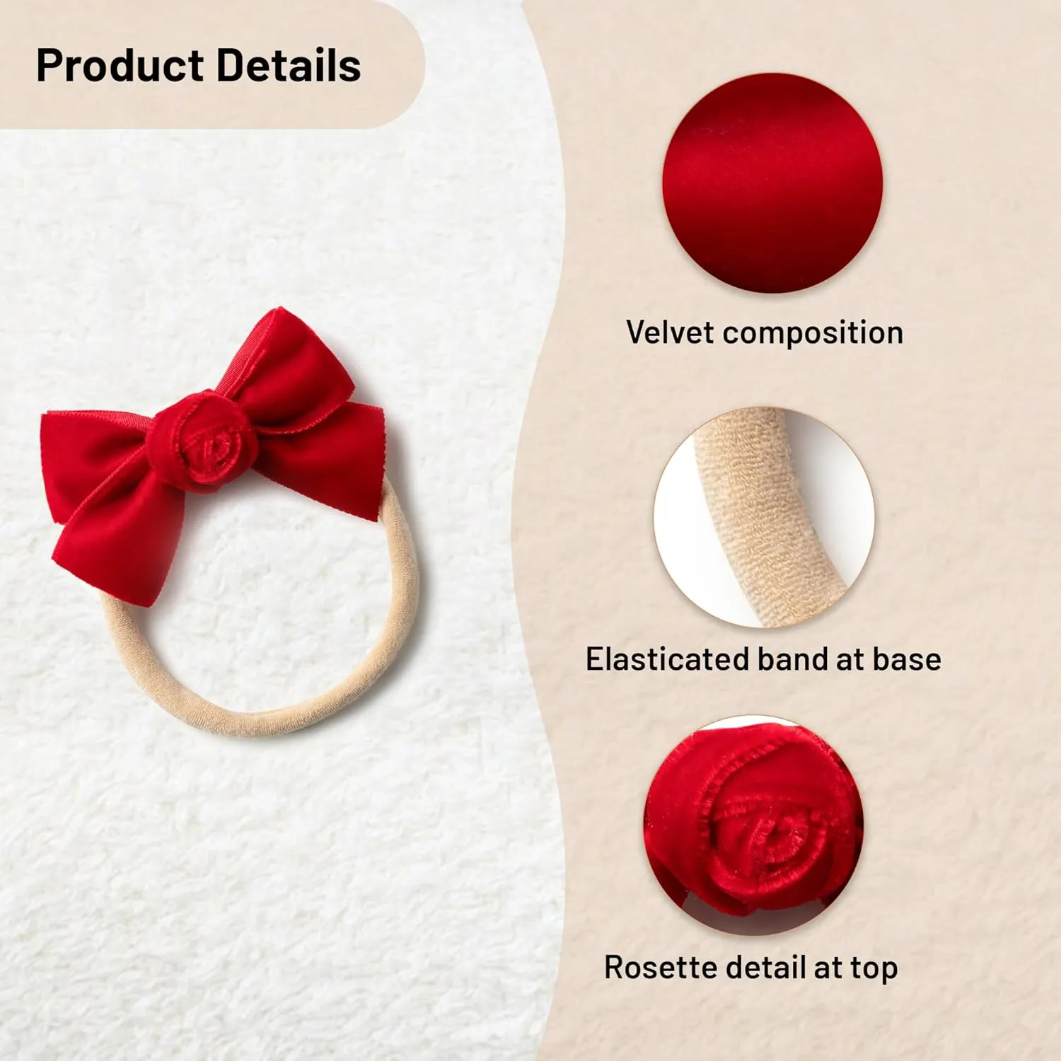 Rosette Velvet Baby Band - Red | Soft Plush Velvet Headband with Delicate Rosette Detail | Comfortable Elasticated Fit for Special Occasions & Everyday Wear | Elegant Accessory for Your Little One