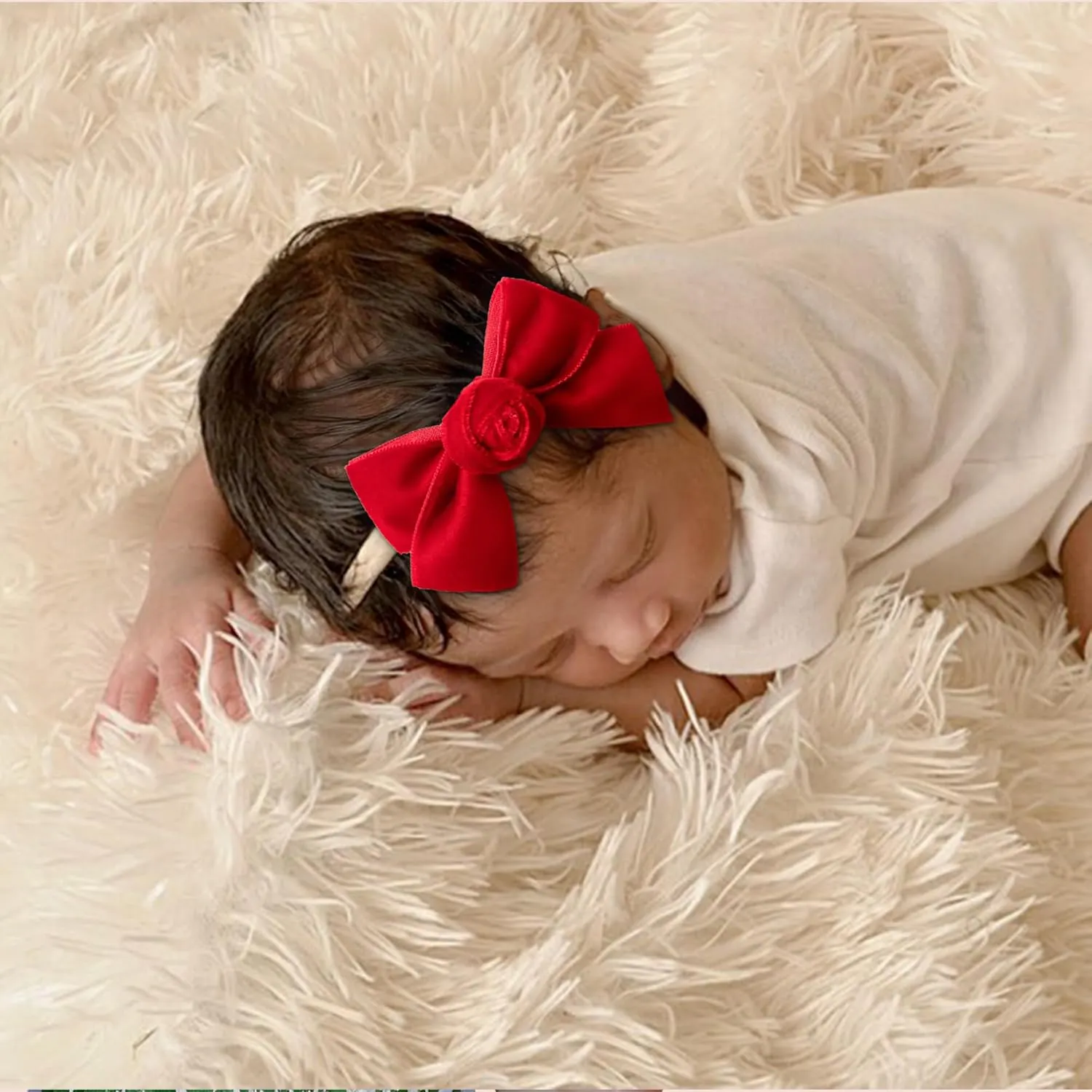 Rosette Velvet Baby Band - Red | Soft Plush Velvet Headband with Delicate Rosette Detail | Comfortable Elasticated Fit for Special Occasions & Everyday Wear | Elegant Accessory for Your Little One