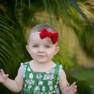 Rosette Velvet Baby Band - Red | Soft Plush Velvet Headband with Delicate Rosette Detail | Comfortable Elasticated Fit for Special Occasions & Everyday Wear | Elegant Accessory for Your Little One