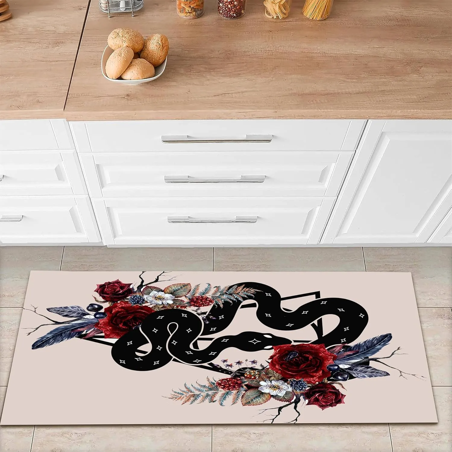 Runner Rug with Snake, 1.3x7ft, Black Wildlife Serpent Boho Floral and Geometry Print Rugs, Pink Large Area Anti-Skid Long Hallway Carpet for Bedroom Office Bathroom Laundry Classroom Nursery