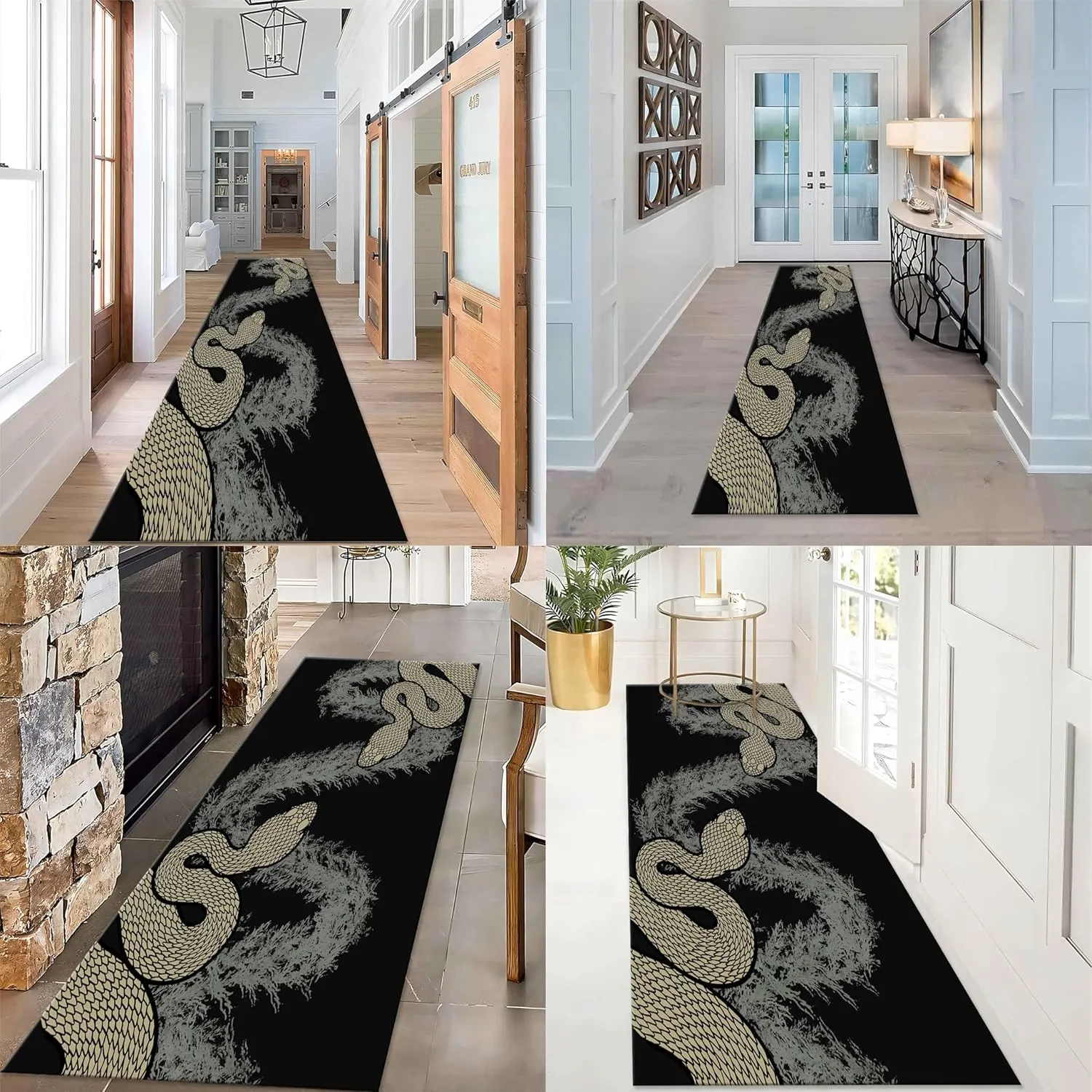 Runner Rug with Snake, 1.3x7ft, Black Wildlife Serpent Boho Floral and Geometry Print Rugs, Pink Large Area Anti-Skid Long Hallway Carpet for Bedroom Office Bathroom Laundry Classroom Nursery