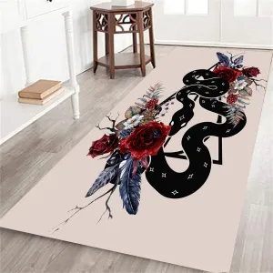 Runner Rug with Snake, 1.3x7ft, Black Wildlife Serpent Boho Floral and Geometry Print Rugs, Pink Large Area Anti-Skid Long Hallway Carpet for Bedroom Office Bathroom Laundry Classroom Nursery