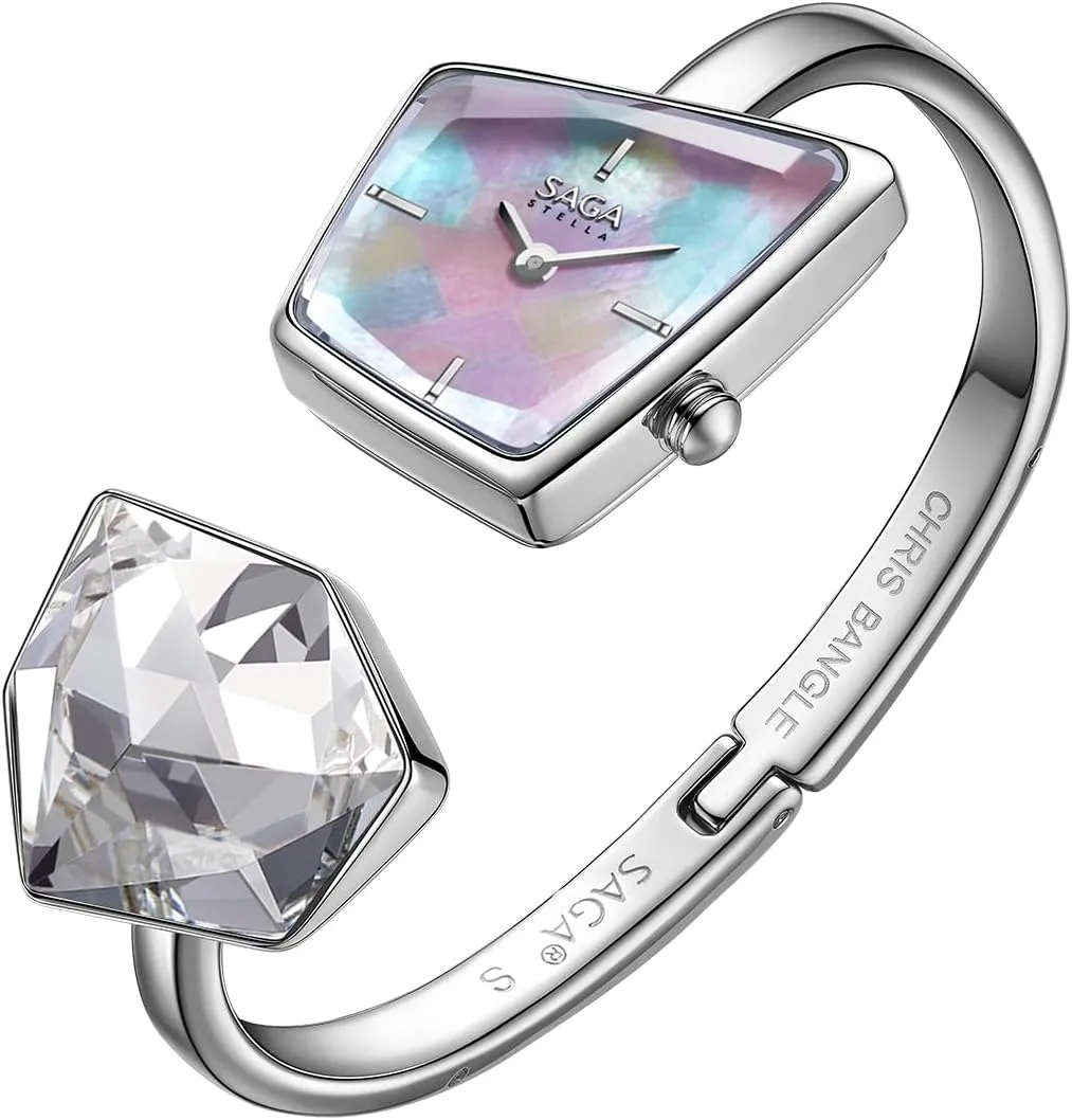SAGA Illusion Women's Luxury Cuff Bangle Watch, Shaped Mineral Case, 316L Stainless Steel Bracelet with Danube Crystals, Swiss Ronda Quartz Movement, 30M Water Resistant