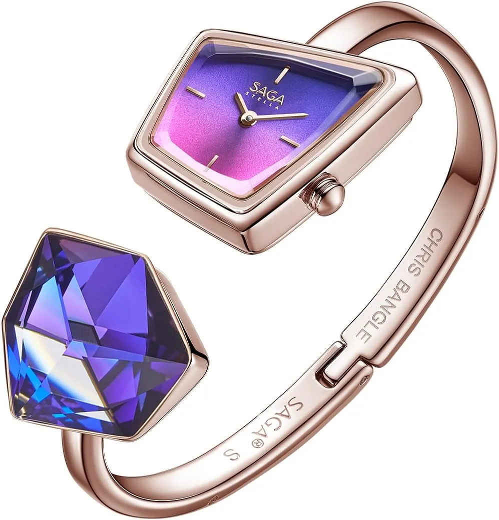 SAGA Illusion Women's Luxury Cuff Bangle Watch, Shaped Mineral Case, 316L Stainless Steel Bracelet with Danube Crystals, Swiss Ronda Quartz Movement, 30M Water Resistant