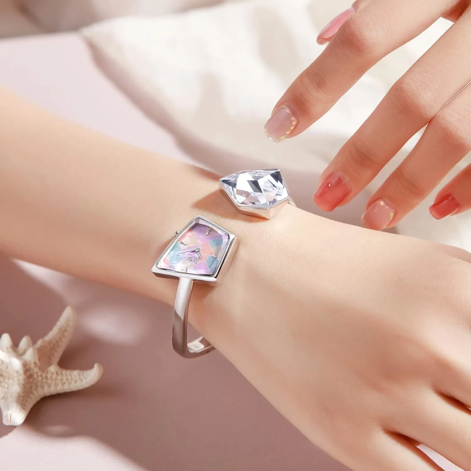SAGA Illusion Women's Luxury Cuff Bangle Watch, Shaped Mineral Case, 316L Stainless Steel Bracelet with Danube Crystals, Swiss Ronda Quartz Movement, 30M Water Resistant
