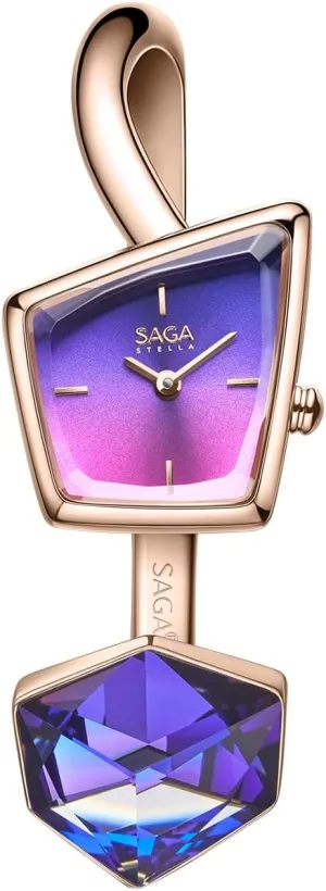 SAGA Illusion Women's Luxury Cuff Bangle Watch, Shaped Mineral Case, 316L Stainless Steel Bracelet with Danube Crystals, Swiss Ronda Quartz Movement, 30M Water Resistant