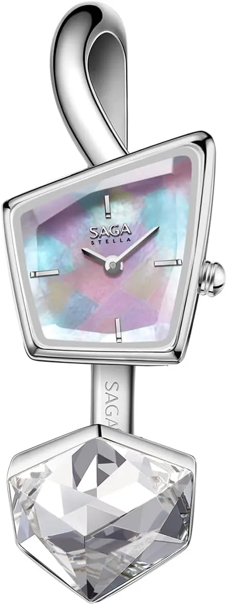 SAGA Illusion Women's Luxury Cuff Bangle Watch, Shaped Mineral Case, 316L Stainless Steel Bracelet with Danube Crystals, Swiss Ronda Quartz Movement, 30M Water Resistant