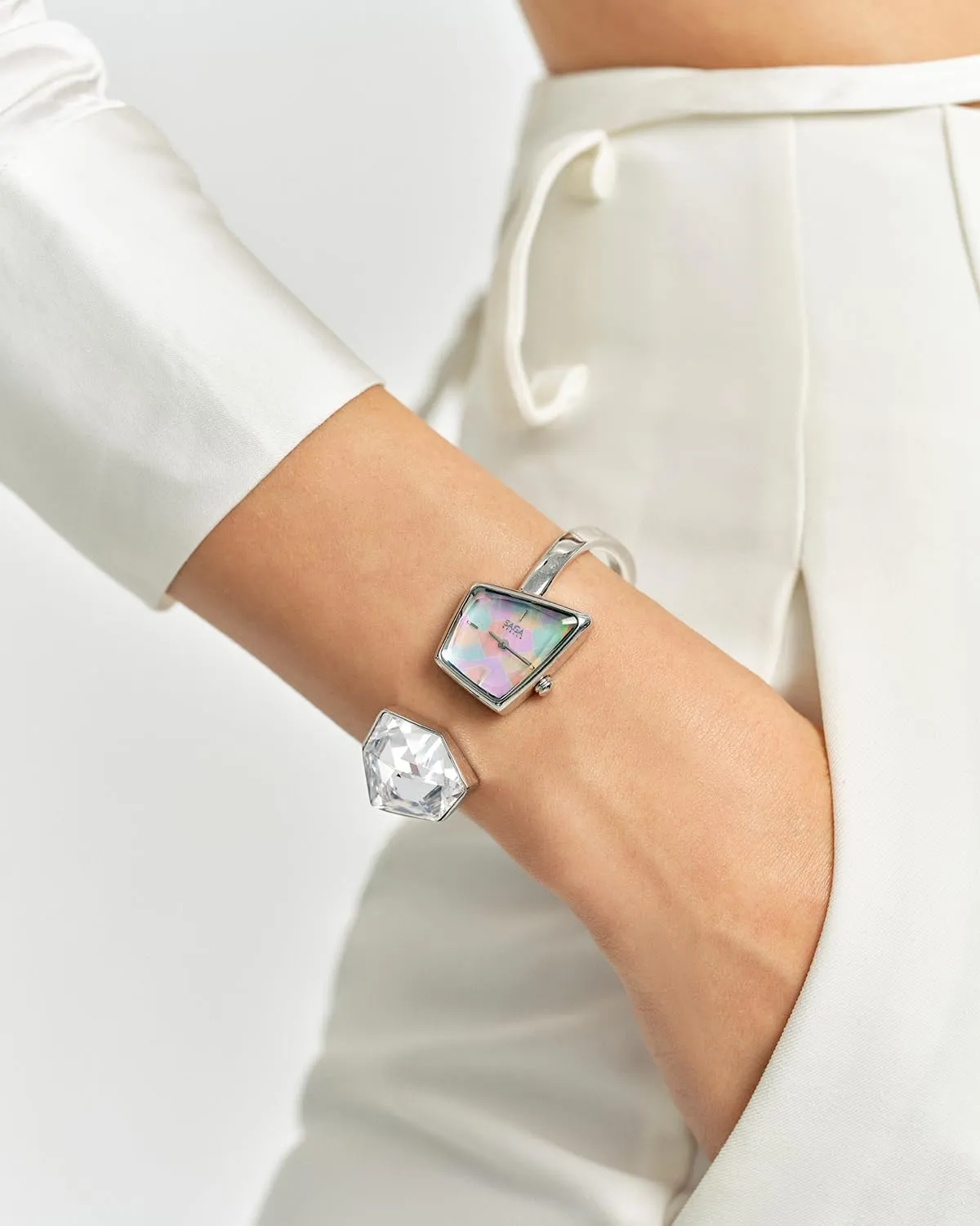 SAGA Illusion Women's Luxury Cuff Bangle Watch, Shaped Mineral Case, 316L Stainless Steel Bracelet with Danube Crystals, Swiss Ronda Quartz Movement, 30M Water Resistant