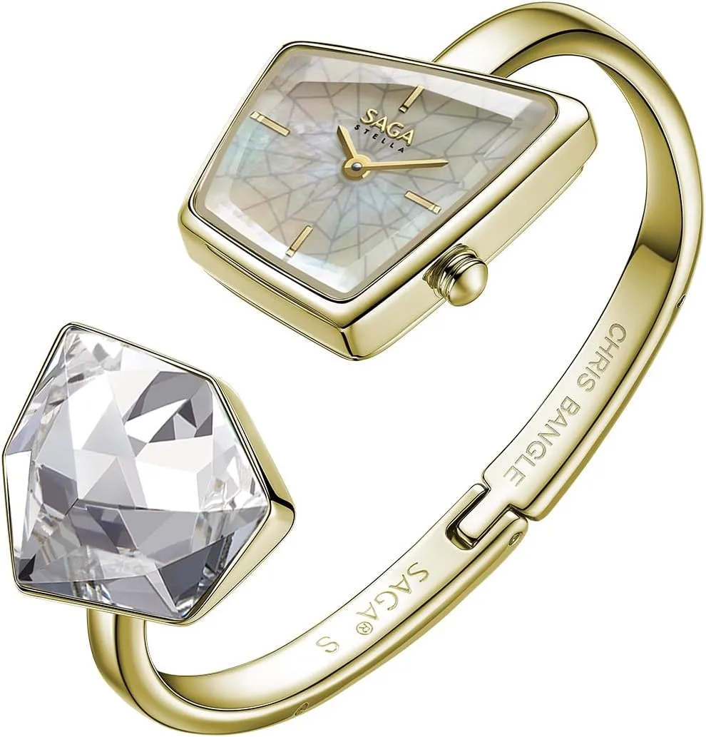 SAGA Illusion Women's Luxury Cuff Bangle Watch, Shaped Mineral Case, 316L Stainless Steel Bracelet with Danube Crystals, Swiss Ronda Quartz Movement, 30M Water Resistant