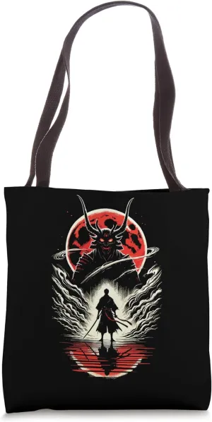 Samurai vs Demon, Red Moon Neo-Japanese Anime Showdown Tote Bag