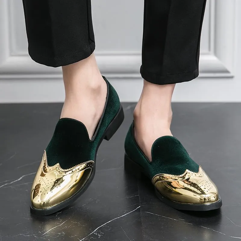 Santimon Mens Velvet Loafers Gold Wingtip Brogues Fashion Party Wedding Tuxedo Suit Shoes