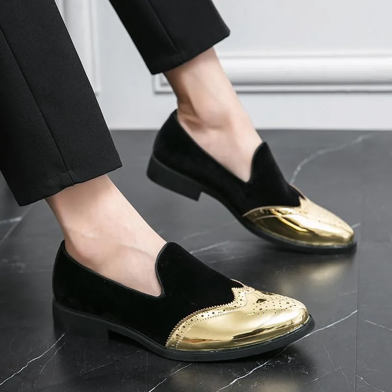Santimon Mens Velvet Loafers Gold Wingtip Brogues Fashion Party Wedding Tuxedo Suit Shoes