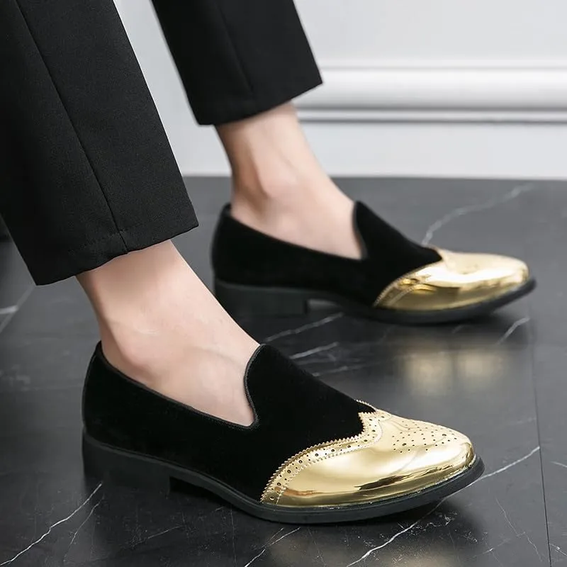 Santimon Mens Velvet Loafers Gold Wingtip Brogues Fashion Party Wedding Tuxedo Suit Shoes