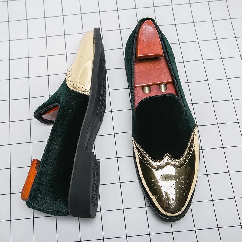 Santimon Mens Velvet Loafers Gold Wingtip Brogues Fashion Party Wedding Tuxedo Suit Shoes