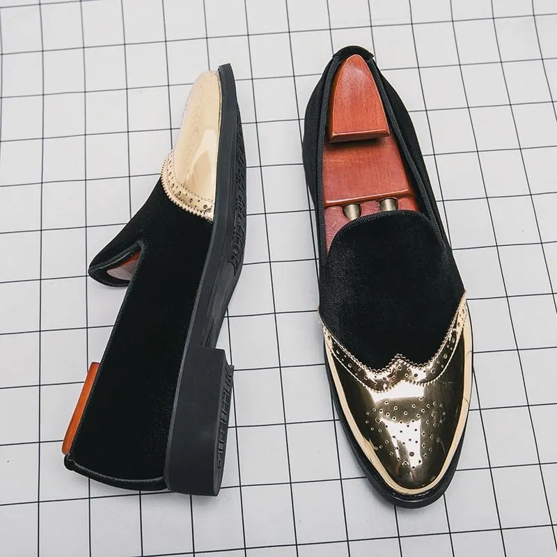 Santimon Mens Velvet Loafers Gold Wingtip Brogues Fashion Party Wedding Tuxedo Suit Shoes