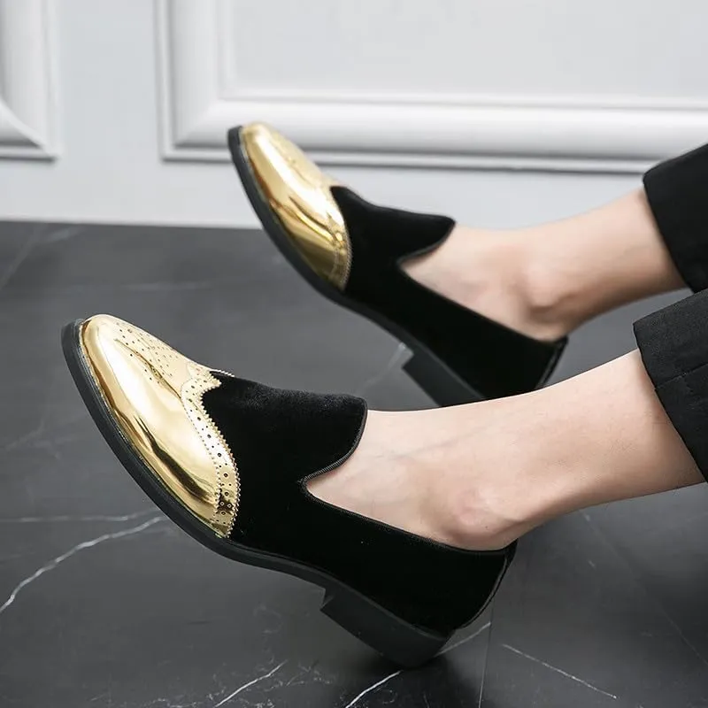 Santimon Mens Velvet Loafers Gold Wingtip Brogues Fashion Party Wedding Tuxedo Suit Shoes