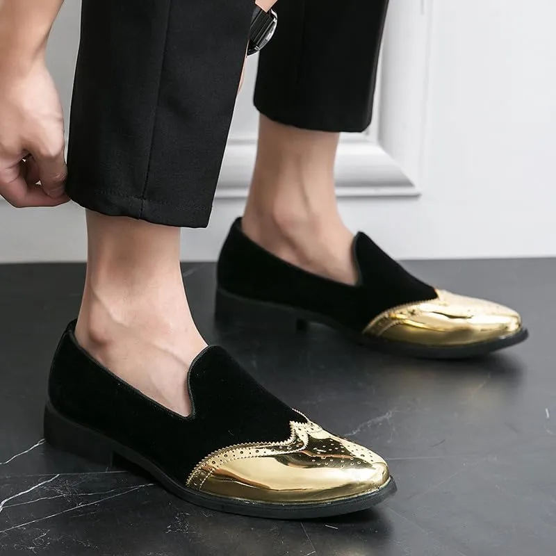 Santimon Mens Velvet Loafers Gold Wingtip Brogues Fashion Party Wedding Tuxedo Suit Shoes