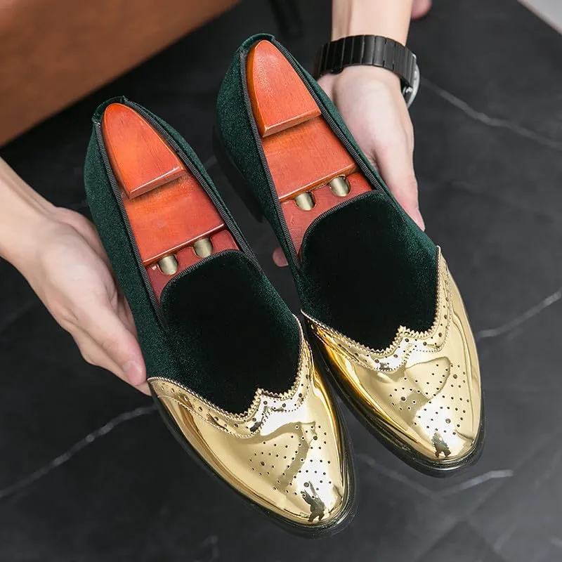 Santimon Mens Velvet Loafers Gold Wingtip Brogues Fashion Party Wedding Tuxedo Suit Shoes