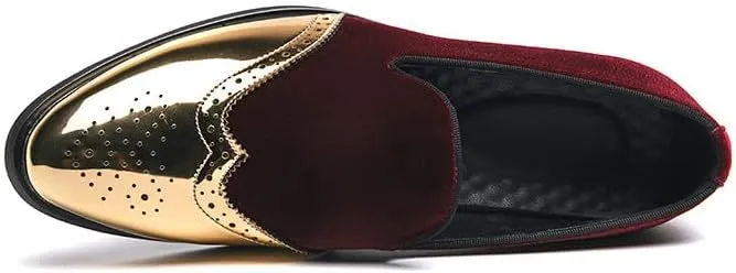 Santimon Mens Velvet Loafers Gold Wingtip Brogues Fashion Party Wedding Tuxedo Suit Shoes