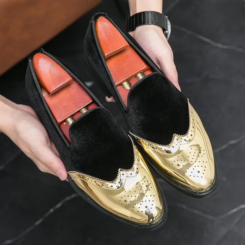 Santimon Mens Velvet Loafers Gold Wingtip Brogues Fashion Party Wedding Tuxedo Suit Shoes