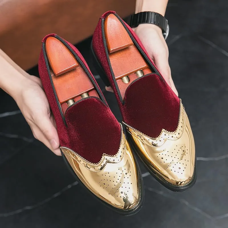 Santimon Mens Velvet Loafers Gold Wingtip Brogues Fashion Party Wedding Tuxedo Suit Shoes