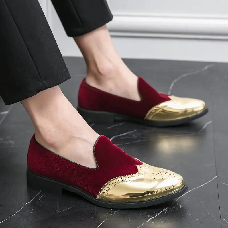 Santimon Mens Velvet Loafers Gold Wingtip Brogues Fashion Party Wedding Tuxedo Suit Shoes