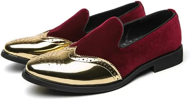 Santimon Mens Velvet Loafers Gold Wingtip Brogues Fashion Party Wedding Tuxedo Suit Shoes
