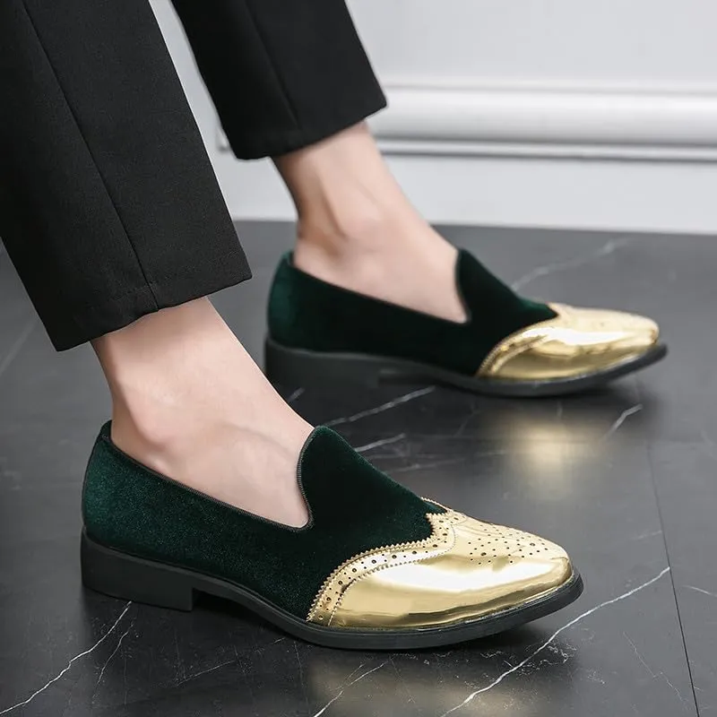 Santimon Mens Velvet Loafers Gold Wingtip Brogues Fashion Party Wedding Tuxedo Suit Shoes