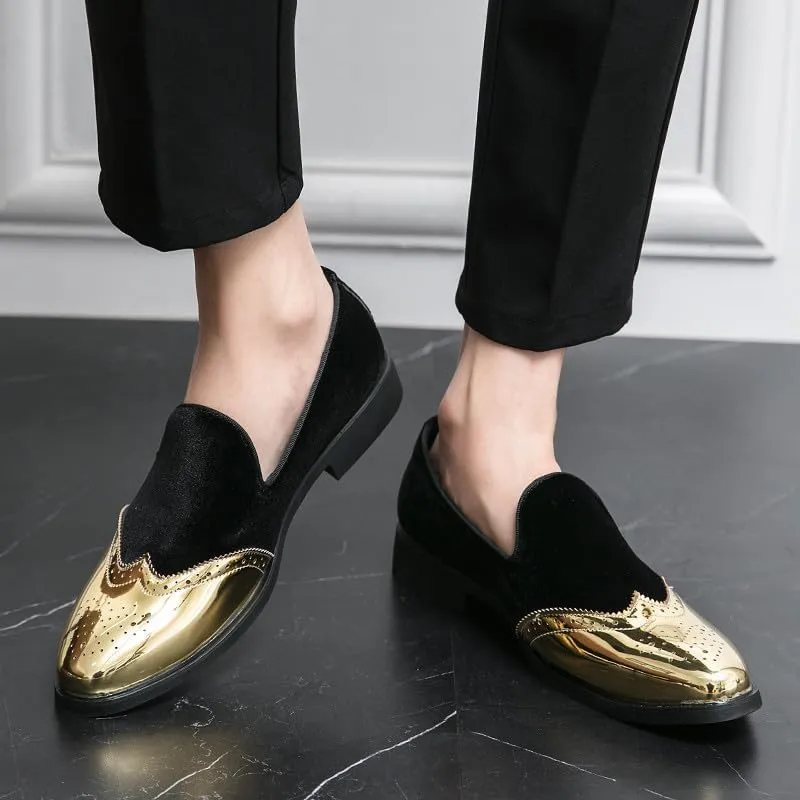 Santimon Mens Velvet Loafers Gold Wingtip Brogues Fashion Party Wedding Tuxedo Suit Shoes