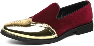 Santimon Mens Velvet Loafers Gold Wingtip Brogues Fashion Party Wedding Tuxedo Suit Shoes