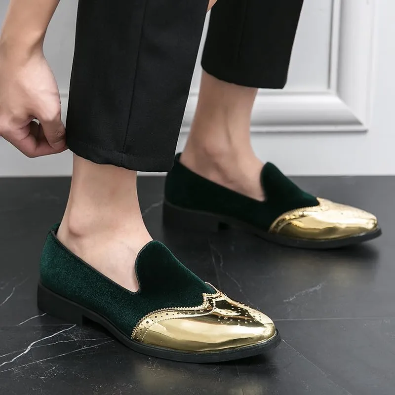 Santimon Mens Velvet Loafers Gold Wingtip Brogues Fashion Party Wedding Tuxedo Suit Shoes