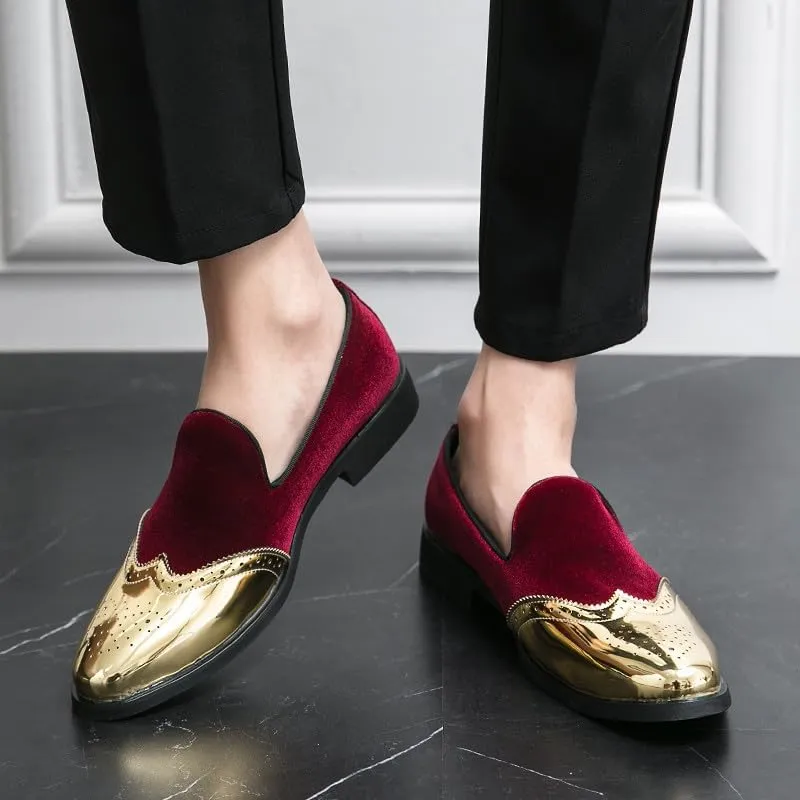 Santimon Mens Velvet Loafers Gold Wingtip Brogues Fashion Party Wedding Tuxedo Suit Shoes