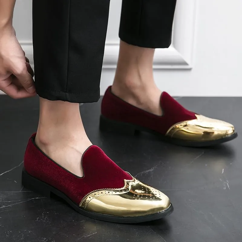 Santimon Mens Velvet Loafers Gold Wingtip Brogues Fashion Party Wedding Tuxedo Suit Shoes