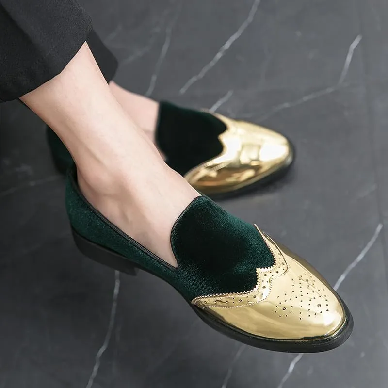 Santimon Mens Velvet Loafers Gold Wingtip Brogues Fashion Party Wedding Tuxedo Suit Shoes