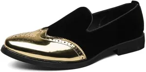 Santimon Mens Velvet Loafers Gold Wingtip Brogues Fashion Party Wedding Tuxedo Suit Shoes