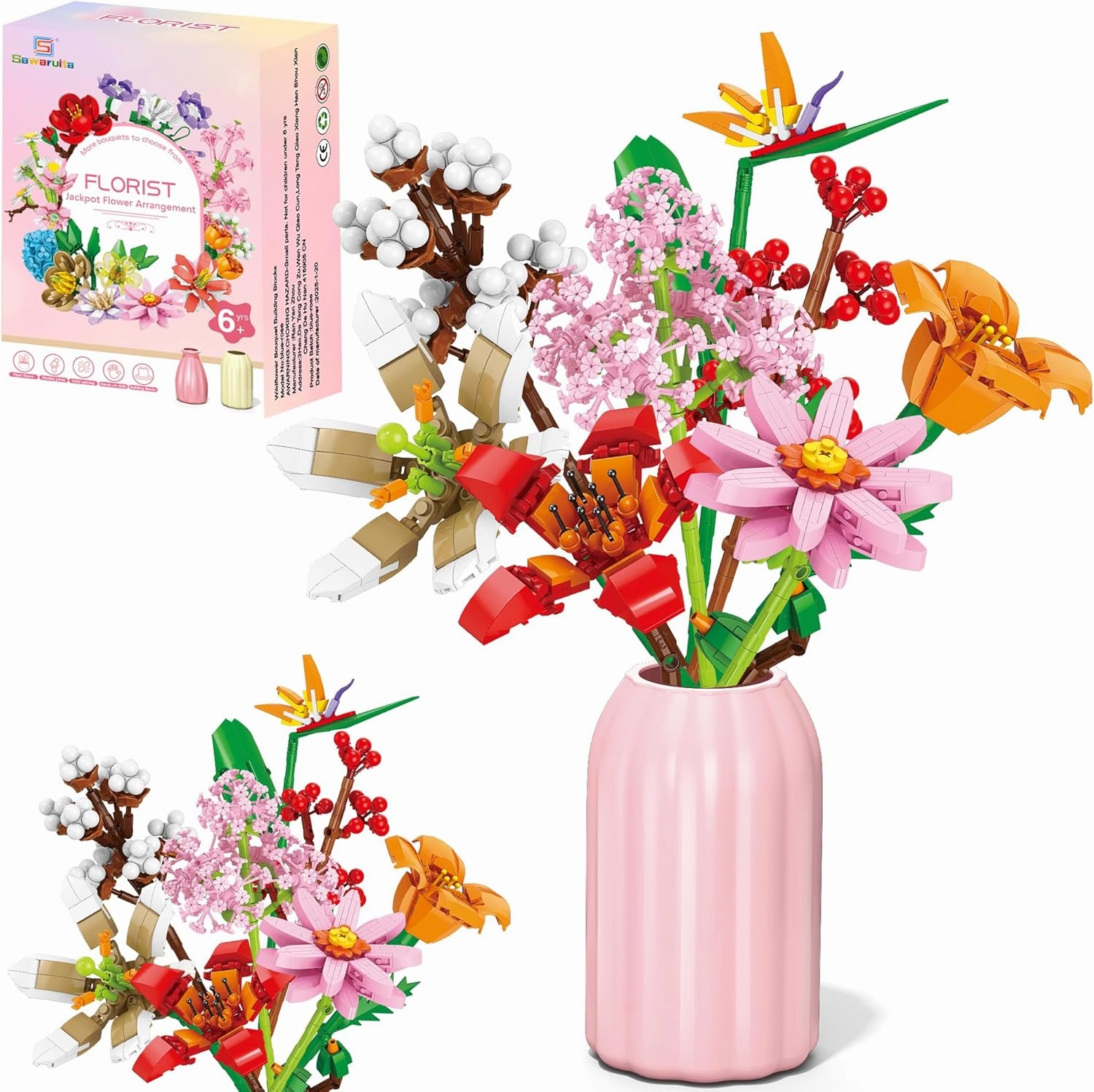 Sawaruita Flowers Bouquet Botanical Building Blocks for Adult -Botanical Collection Wildflower Bouquet with Vase -Plants Block Toy for Home&Office Decor,Gift for Valentine's Day,Mother's Day,Birthday