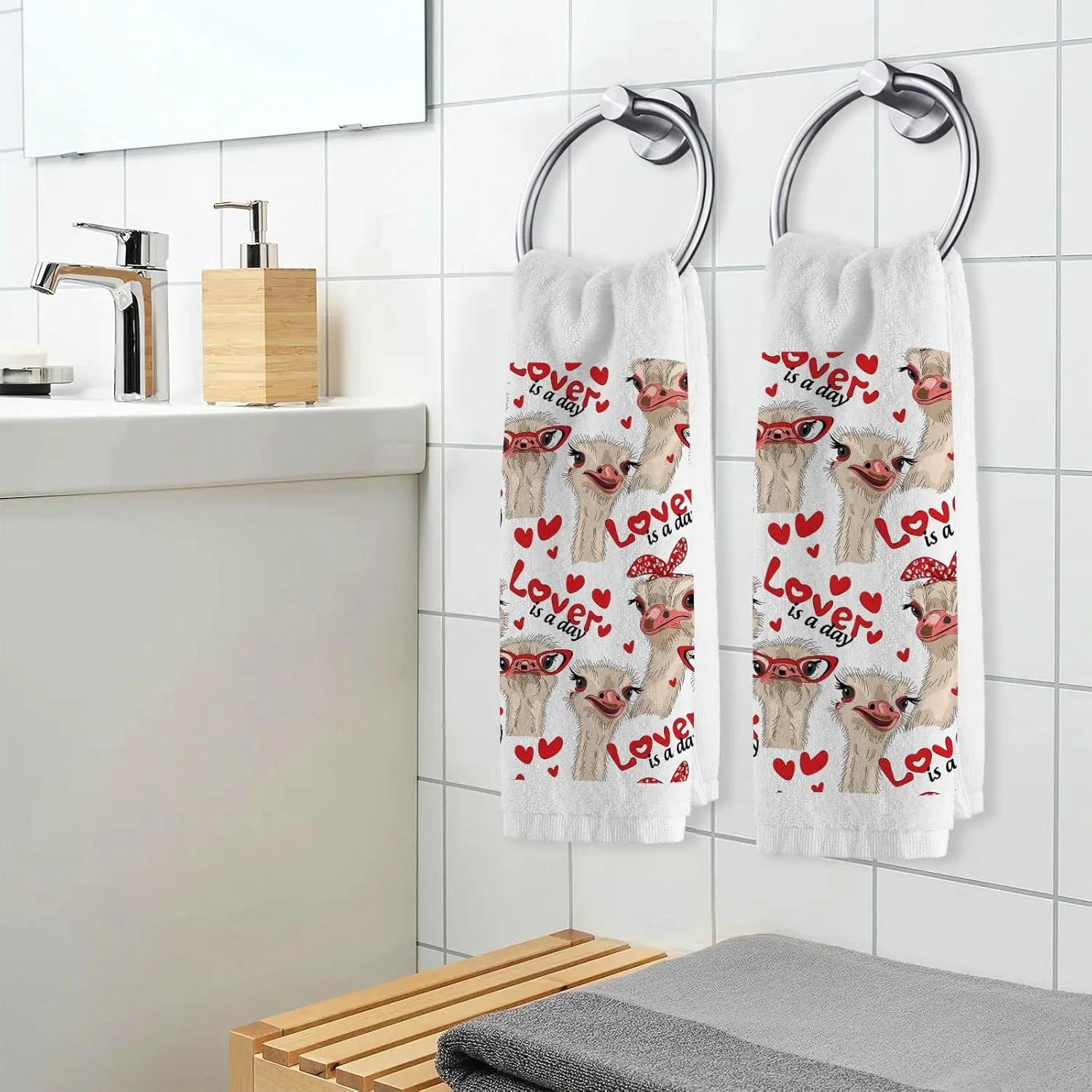 Seamless Ostriches with Red Glasses Hairpins Lover is a Day Letterings 2PCs Soft 100% Pure Cotton Face Wash Towel, Kitchen Dish Towels Washcloth, Absorbent Gym Hand Towel Gym Hand Towel 16x30 in