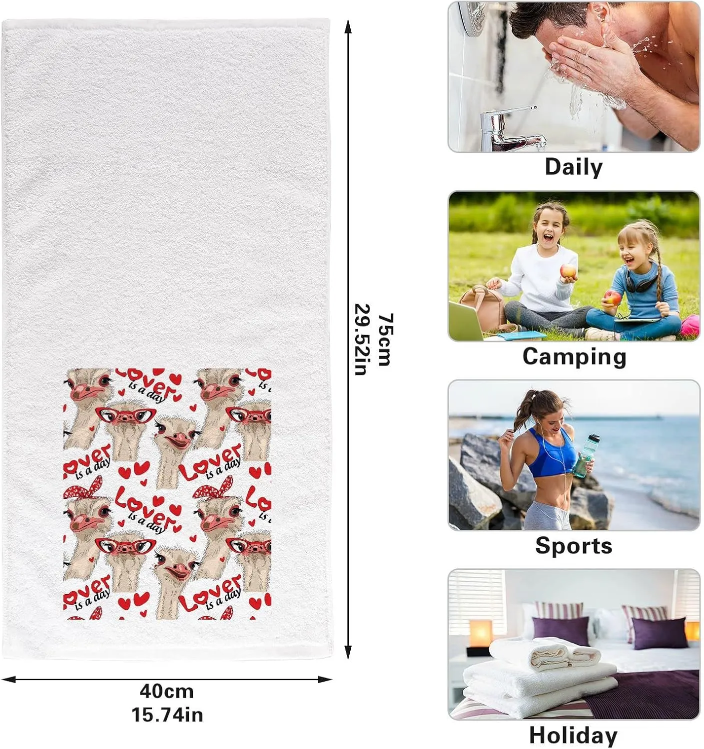 Seamless Ostriches with Red Glasses Hairpins Lover is a Day Letterings 2PCs Soft 100% Pure Cotton Face Wash Towel, Kitchen Dish Towels Washcloth, Absorbent Gym Hand Towel Gym Hand Towel 16x30 in
