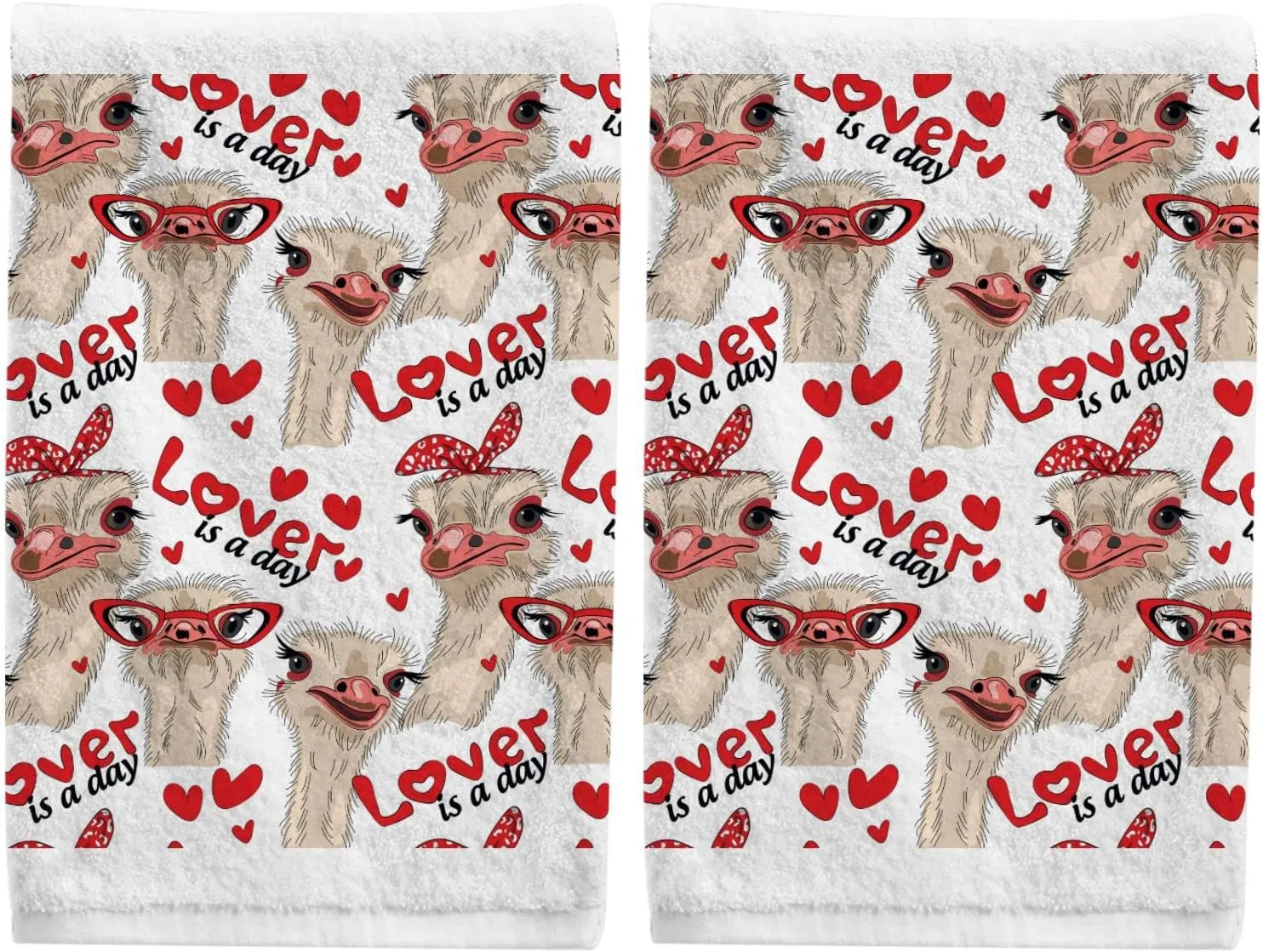 Seamless Ostriches with Red Glasses Hairpins Lover is a Day Letterings 2PCs Soft 100% Pure Cotton Face Wash Towel, Kitchen Dish Towels Washcloth, Absorbent Gym Hand Towel Gym Hand Towel 16x30 in