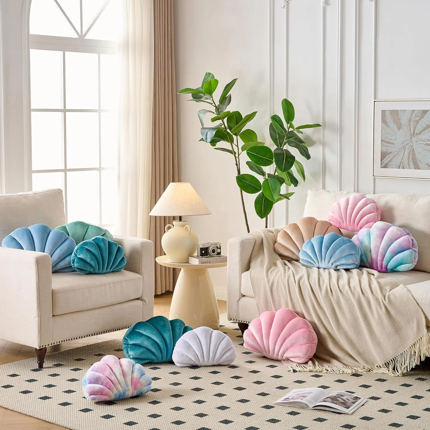 Seashell Decorative Pillow Shell Shaped Throw Pillow 3D Insert Beach Pillow Soft Velvet Pillow Sea Ocean Decoration Couch Bed Pillow Cushions(Pink,14 X 11 inch)