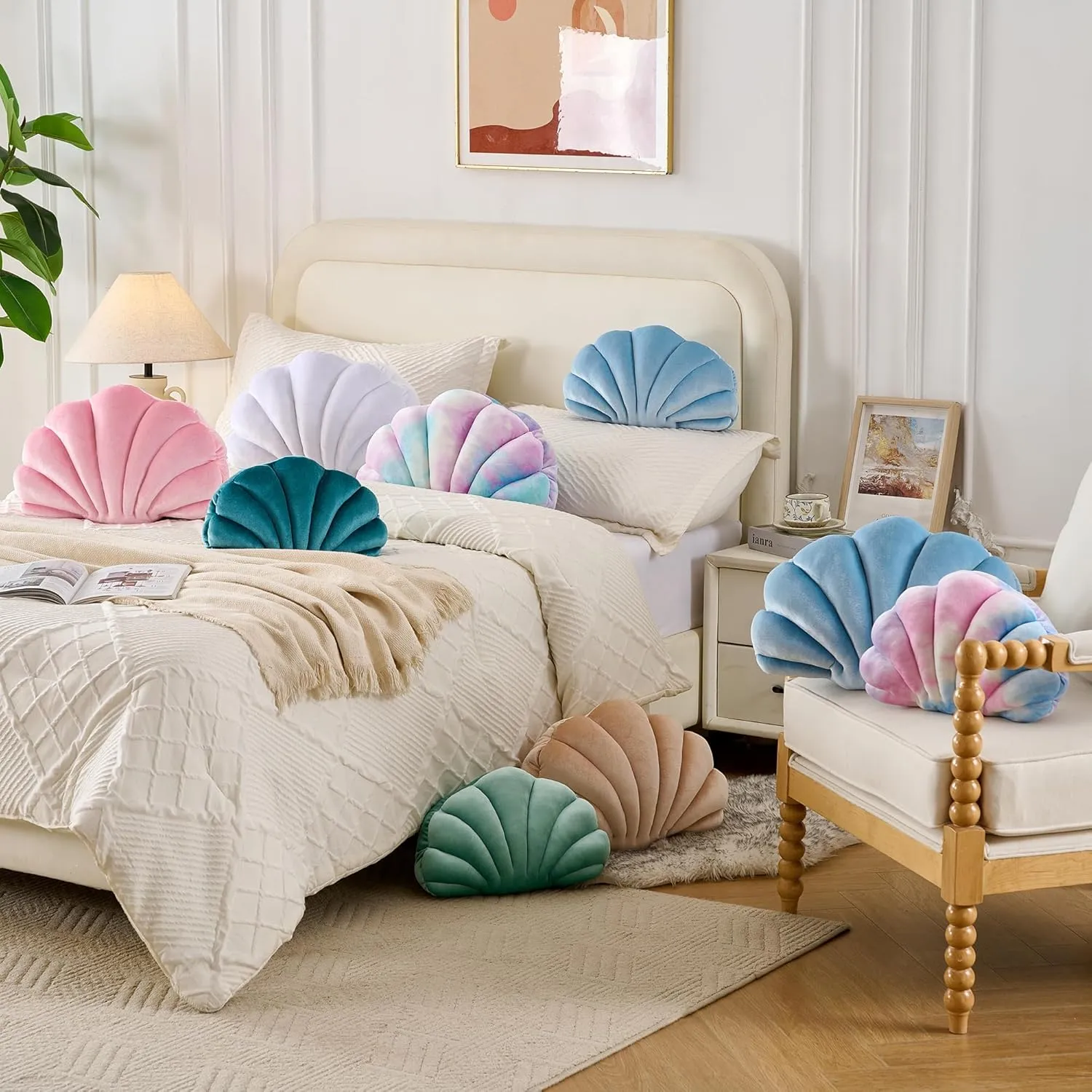 Seashell Decorative Pillow Shell Shaped Throw Pillow 3D Insert Beach Pillow Soft Velvet Pillow Sea Ocean Decoration Couch Bed Pillow Cushions(Pink,14 X 11 inch)